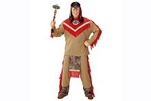 Костюм индейца Бешеный Бык (пальто,брюки,повязка на голову), коричневый, красный полиэстер, размер M