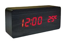 Часы электронные настольные в деревянном корпусе WC 1299R красные цифры, Черный корпус